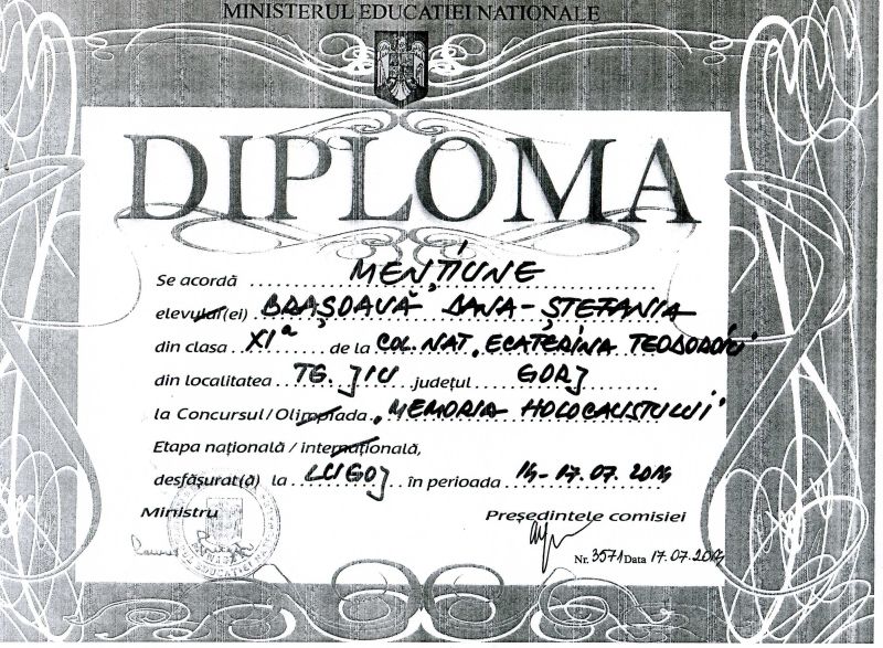 Menţiune pentru o elevă de la CNET la concursul „Memoria Holocaustului”