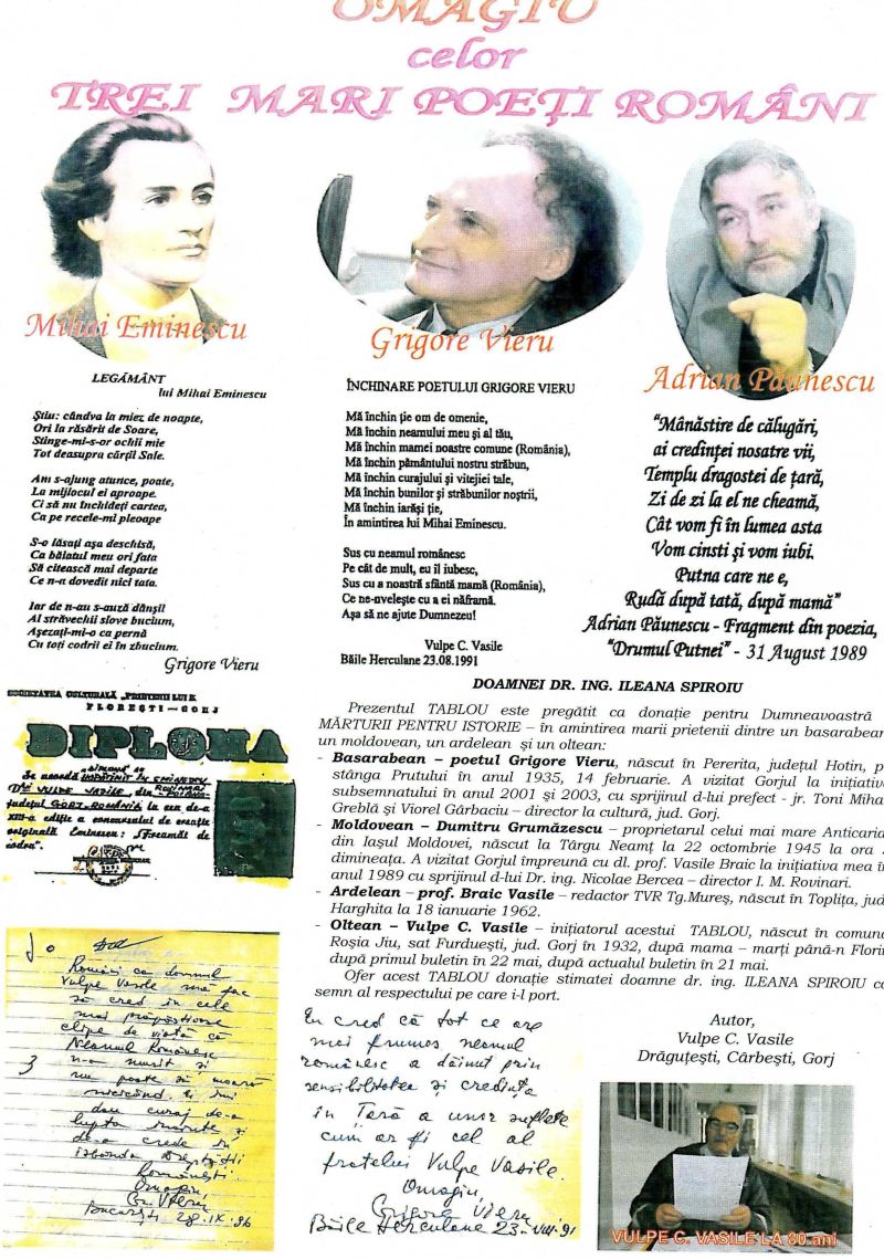 Omenie, după 20 de ani! – Dr.ing. Ileana Spiroiu – gorjeanca Director general al Societăţii Naţionale de Cartografie nu l-a uitat pe Vasile C. Vulpe, din Cârbeşti, comuna Drăguţeşti!