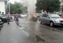 Autoturism cuprins de flăcări, lângă Prefectura Gorj