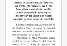 Cod galben până mâine la 11:00 pentru nordul Gorjului