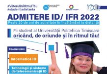 Admitere ID/IFR 2022 – Fii student al Universității Politehnica Timișoara la distanță