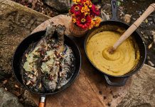 Rețeta săptămânii – Bucătăria lui Fabi: Păstrăv Müllerin Art, cu sos de migdale și mămăligă, pe foc