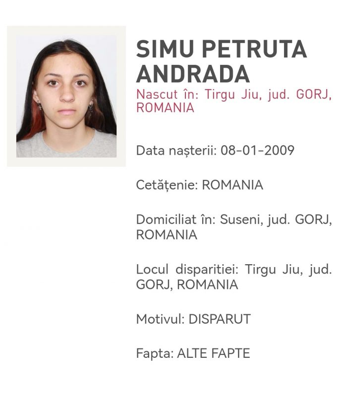 Fată de 14 ani din Târgu Jiu, dată dispărută. S-au trimis mesaje Ro-Alert