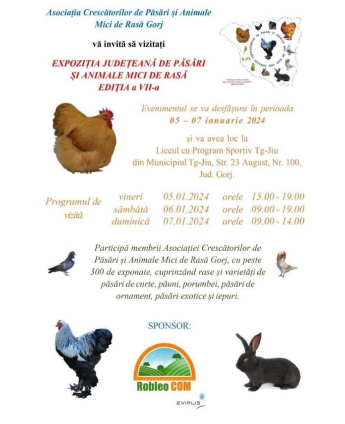 Expoziție de păsări și animale mici, weekendul viitor, la Târgu Jiu