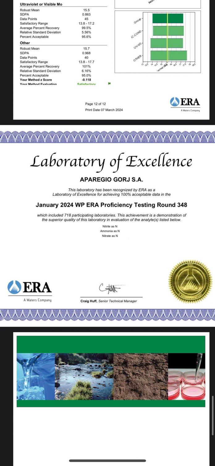 Diplomă de excelență pentru Laboratorul de Ape Uzate al Aparegio Gorj