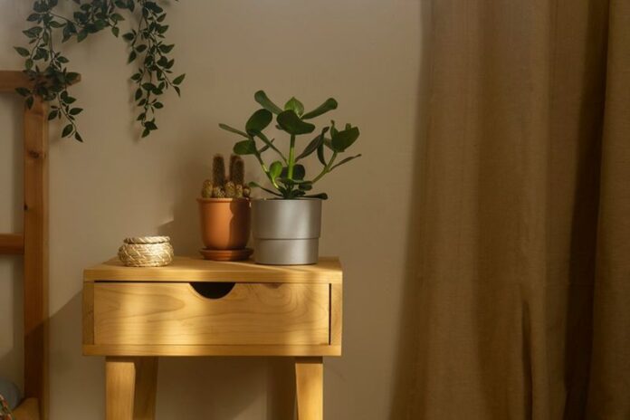 Wooden bedside table next to a bed in a bright bedroom, with plants and cactus and a wicker basket.
