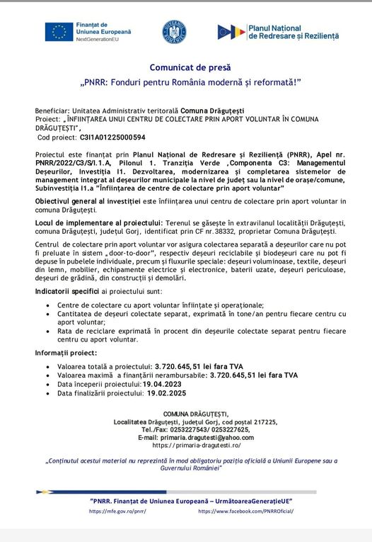 Drăguțești: Centru de colectare a deșeurilor cu finanțare prin PNRR