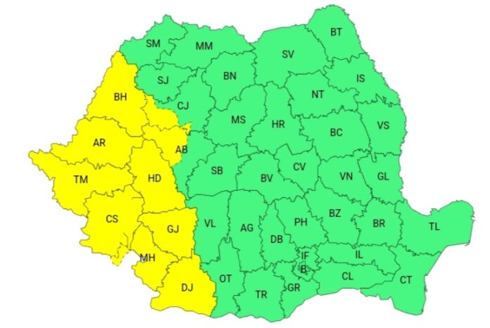 Cod galben de ploi și vijelii, valabil pentru județul Gorj