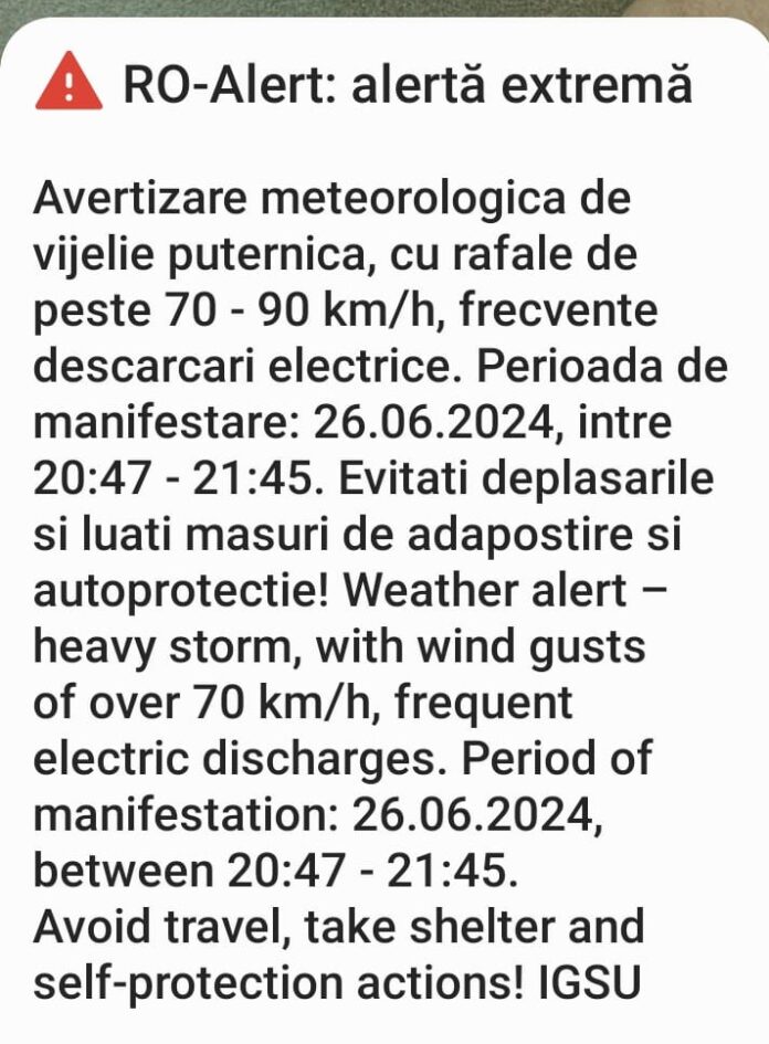 Alertă de vijelie puternică la Târgu Jiu