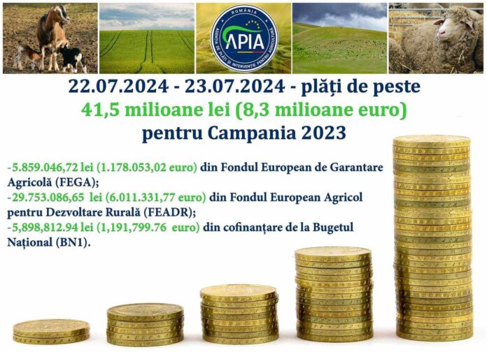 APIA: Plăți de peste 41,5 milioane lei pentru Campania 2023
