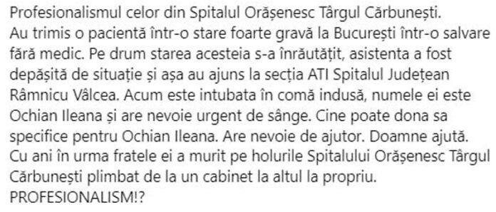 A fost trimisă la un spital din București, fără medic în ambulanță. Starea ei este acum extrem de gravă, ajungând la secția ATI din SJU Vâlcea. Apel umanitar!