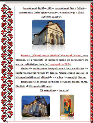 Tismana: Biserica ”Sfântul Ierarh Nicolae” va fi resfințită