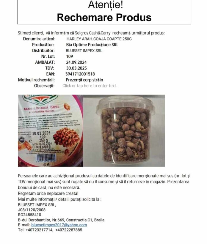 Produs contaminat cu un corp străin, retras din magazine